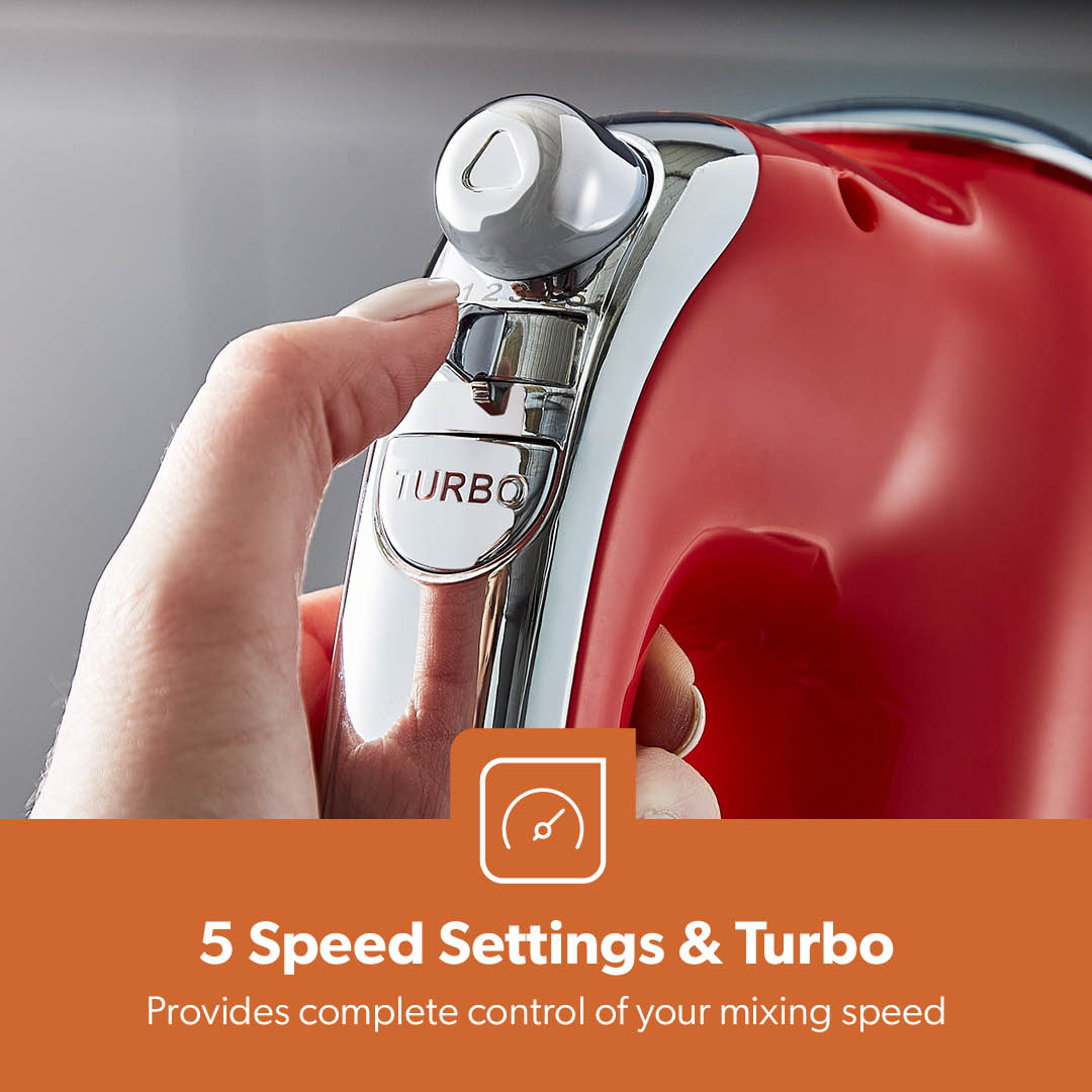 5-Speed Red and Chrome Retro Hand Mixer and Whisk