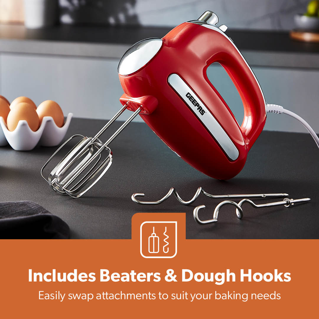 5-Speed Red and Chrome Retro Hand Mixer and Whisk