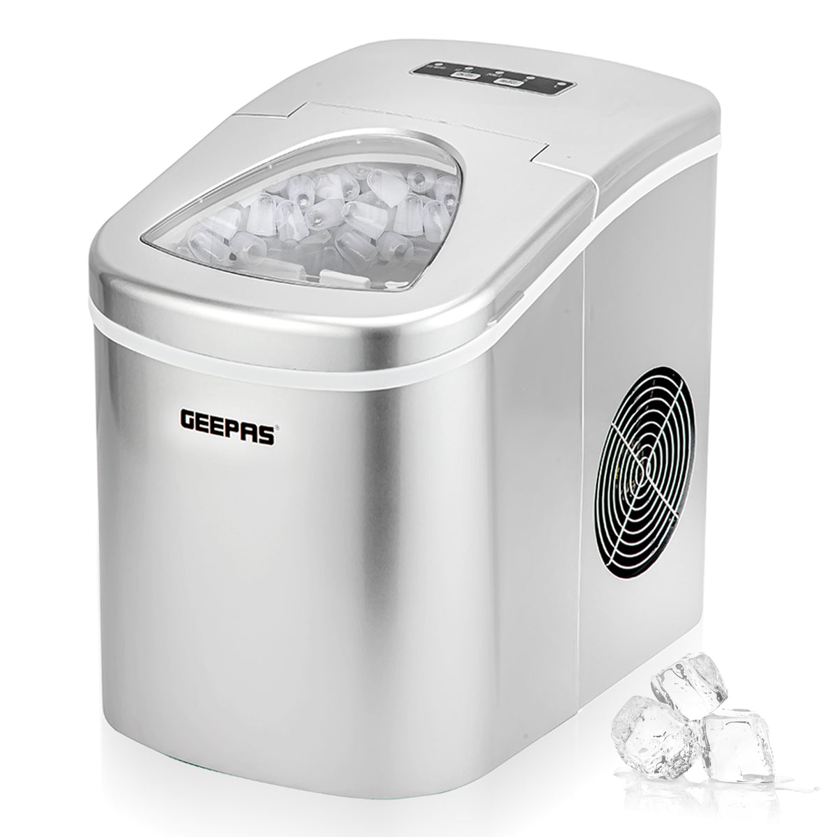 The image shows off the countertop silver ice cube making machine on a white background with ice cubes inside of the machine