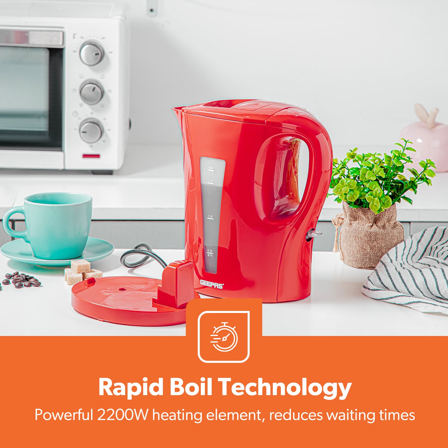 1.7L Red Cordless Electric Rapid-Boil Kettle 2200W