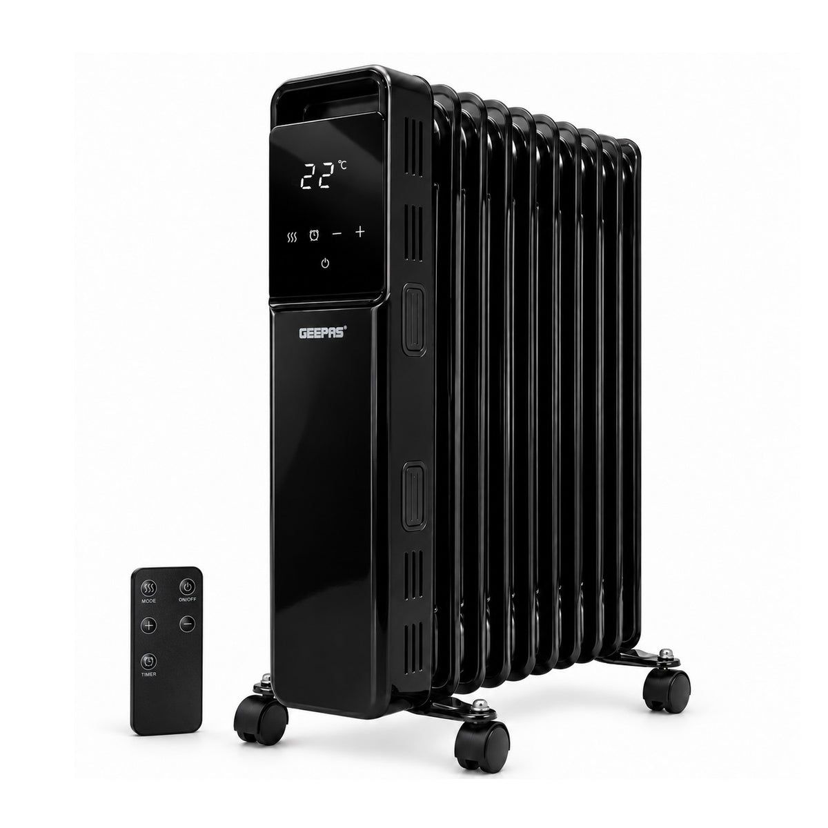 Black 11-panel oil radiator heater with a digital control display on the front and a matching wireless remote control, shown on a white background.