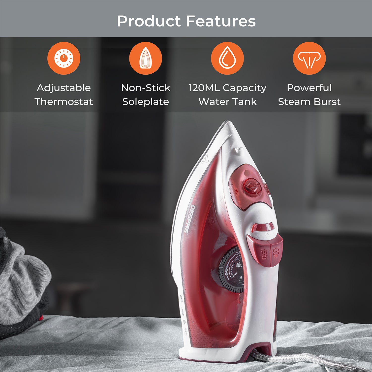 White & Red 1800W Non-Stick Steam Iron With Temperature Controls