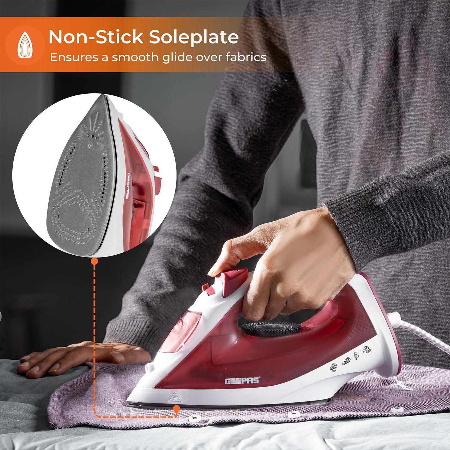 White & Red 1800W Non-Stick Steam Iron With Temperature Controls