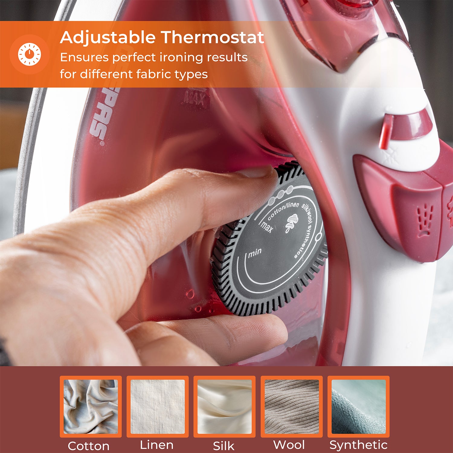 White & Red 1800W Non-Stick Steam Iron With Temperature Controls