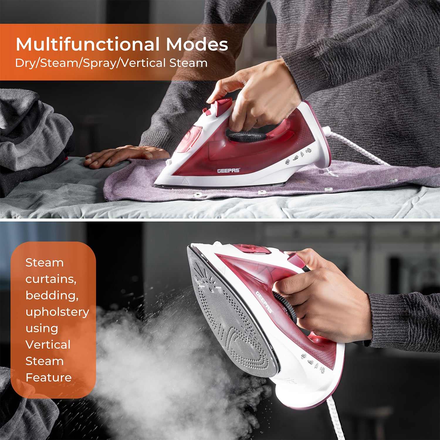 White & Red 1800W Non-Stick Steam Iron With Temperature Controls