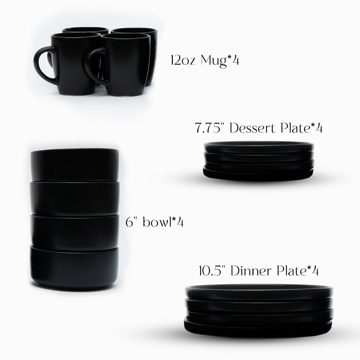 16 Piece 'Charcoal Black' Stoneware Dinner Set