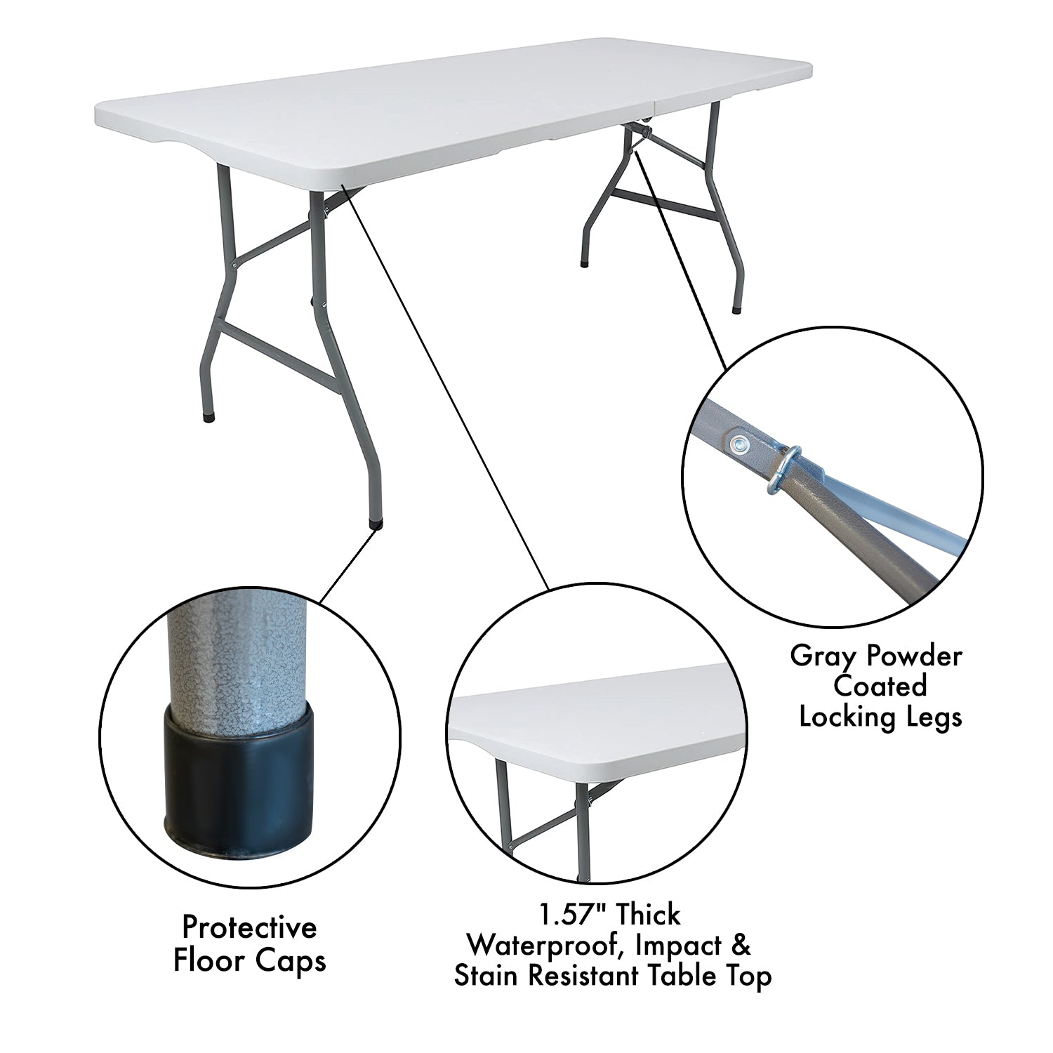 6ft White Heavy-Duty Folding Table, Outdoor & Indoor Portable Table