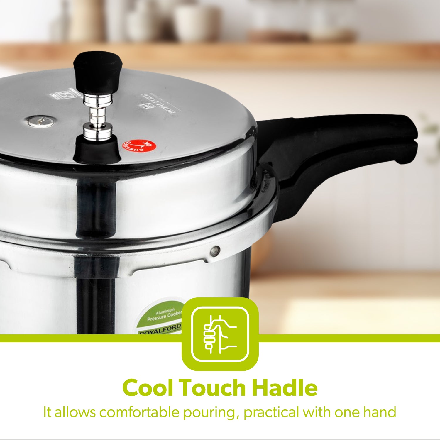 The image shows off the cool touch handle that allows comfortable pouring and safe usage of the pressure cooker.