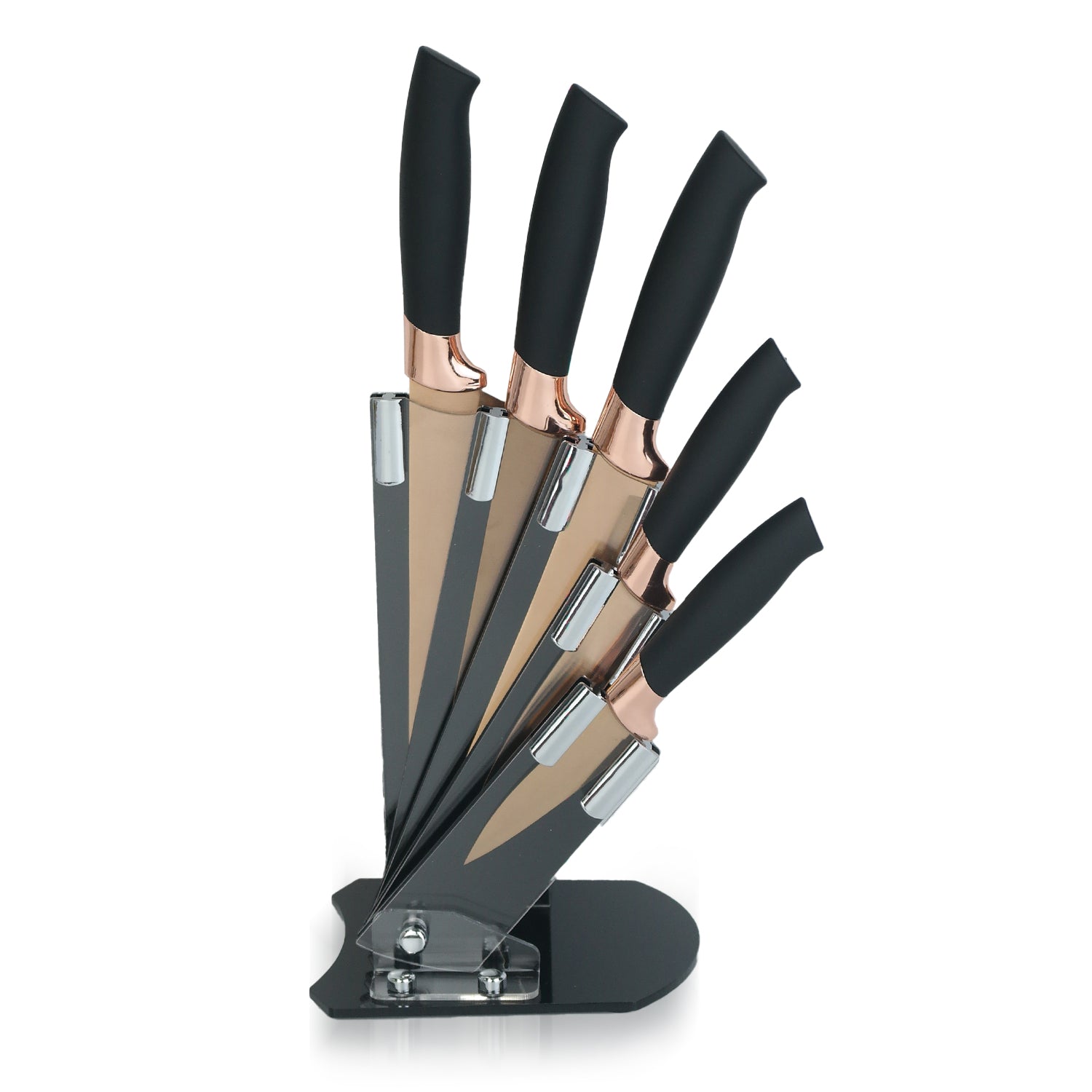 5-Piece Rose Gold & Black Kitchen Knife Set With Holding Block