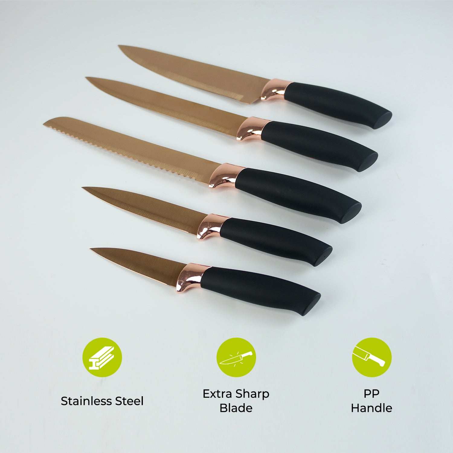 5-Piece Rose Gold & Black Kitchen Knife Set With Holding Block