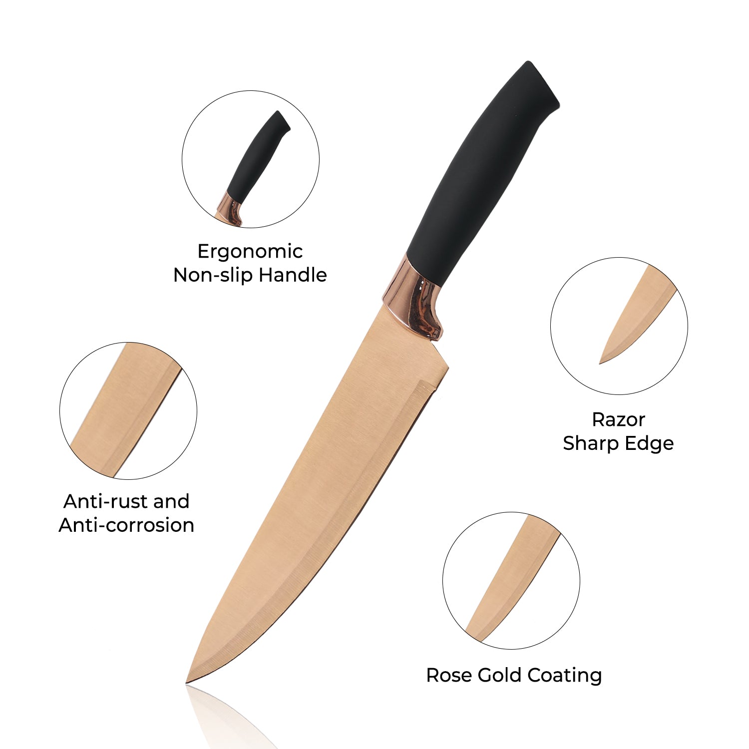 5-Piece Rose Gold & Black Kitchen Knife Set With Holding Block
