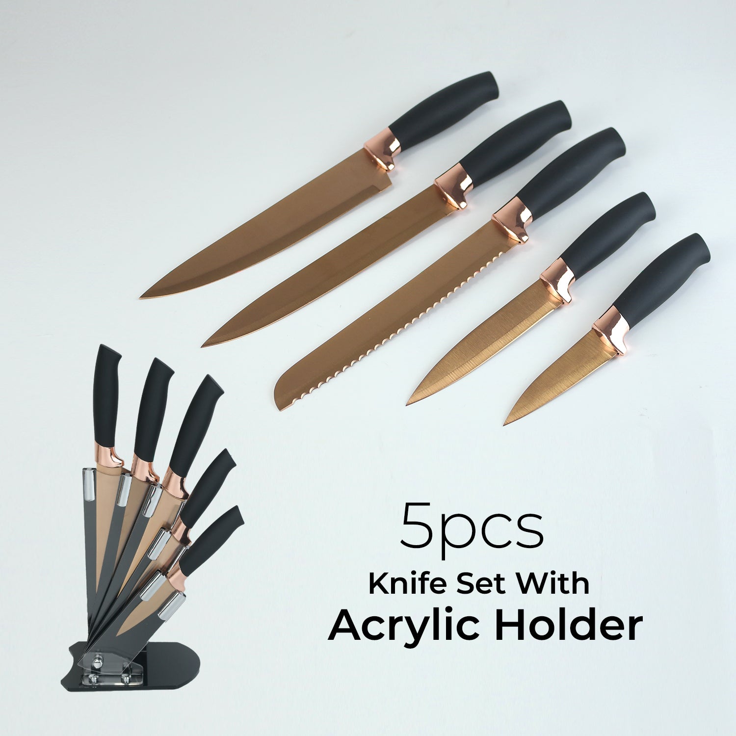 5-Piece Rose Gold & Black Kitchen Knife Set With Holding Block