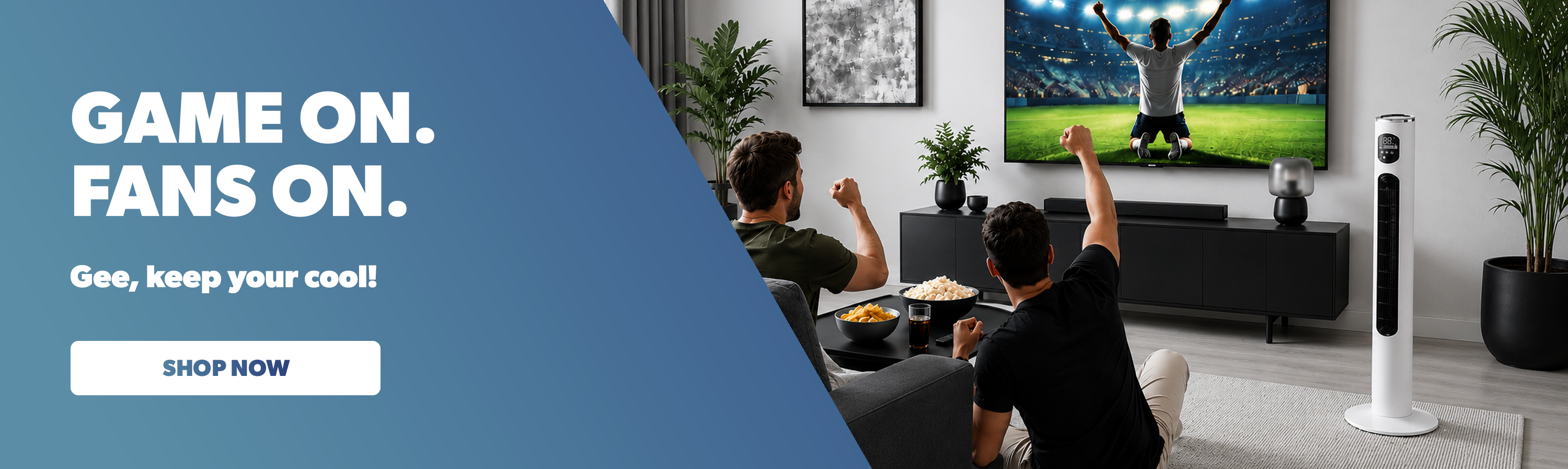 Two people watching a sports game on TV in a living room with a digital tower fan in the room.