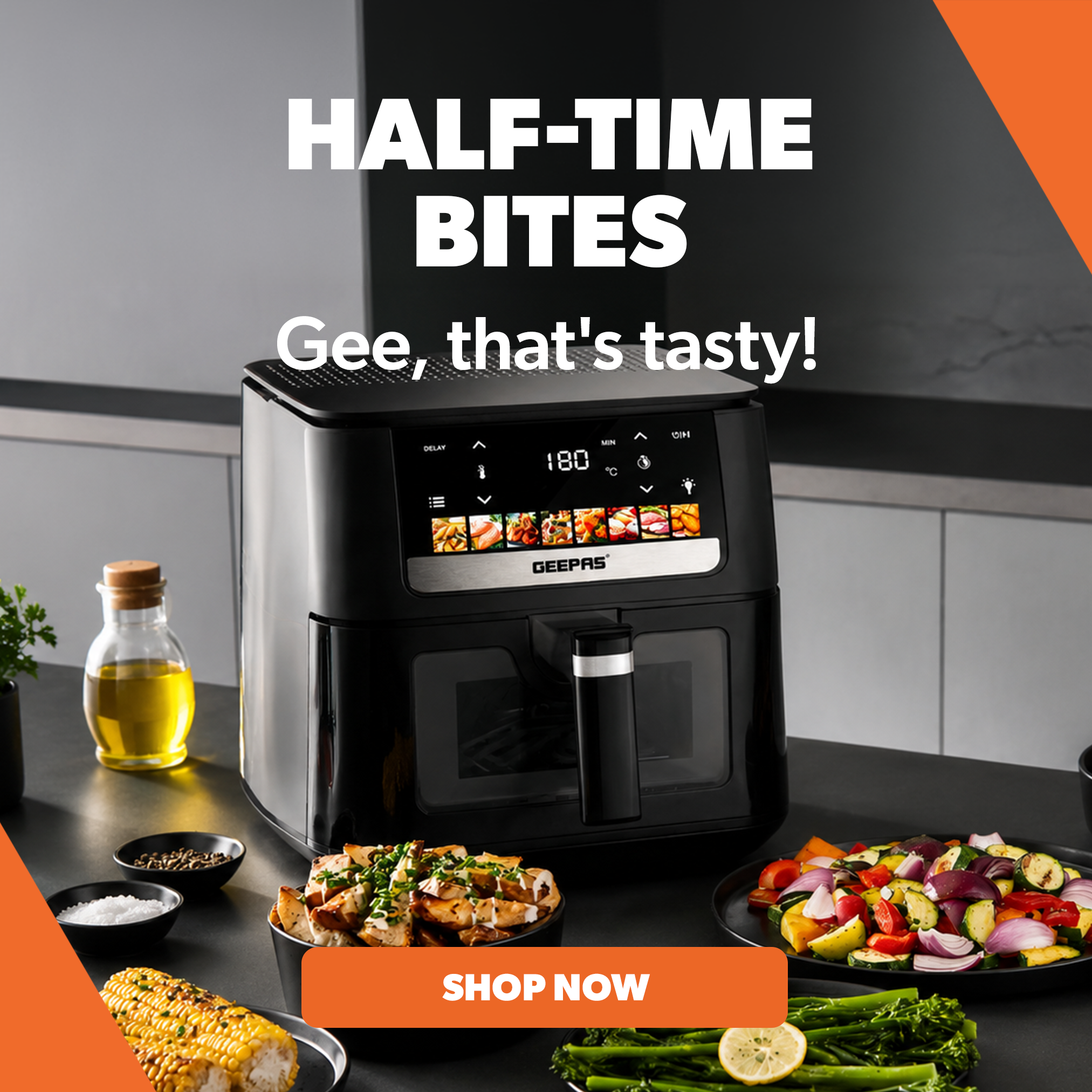 Black air fryer on a kitchen counter with food and promotional text.