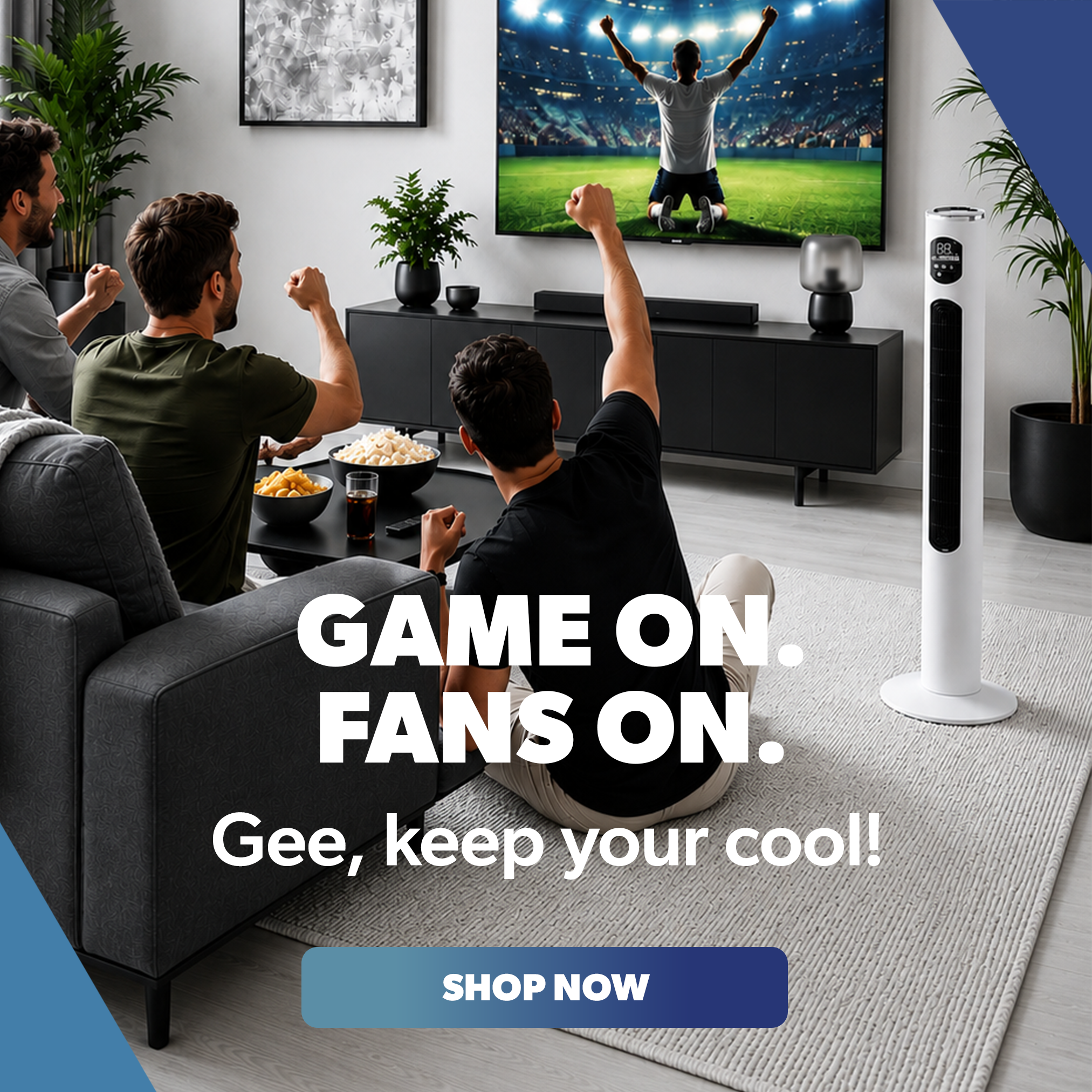 People watching a sports game on TV in a living room with a digital tower fan besides them.