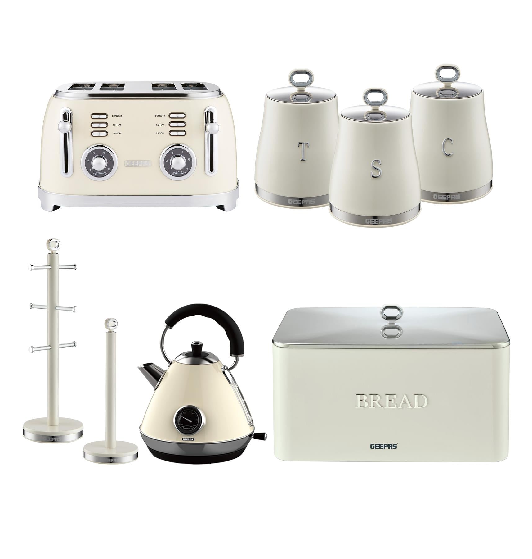 Cream Retrovive Kettle, 4-Slice Toaster, Bread Bin, Canisters, Mug Tree & Tower Pole