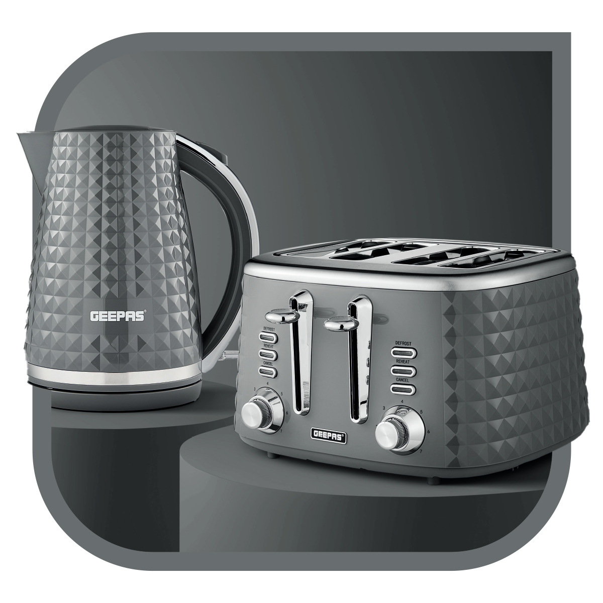 Image shows off the argyle kettle and toaster set on top of a podium with a grey background matching the kettle and toaster color.
