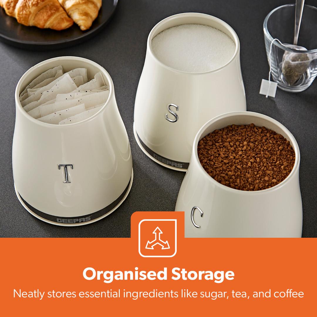 4 Piece Tea, Coffee, Sugar Canisters & 13L Bread Bin Set Retrovive