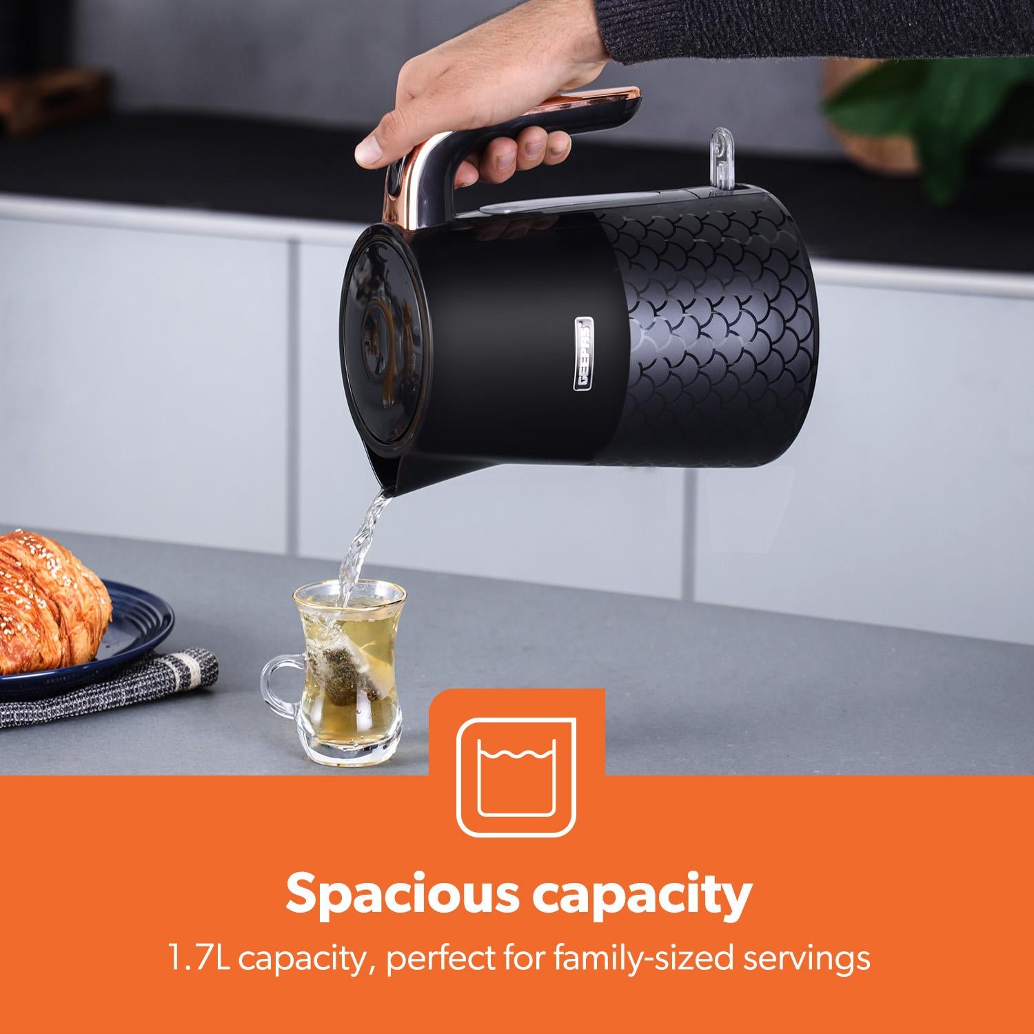 Aurora Black and Rose Gold 3-In-1 Microwave, Kettle & Toaster Set