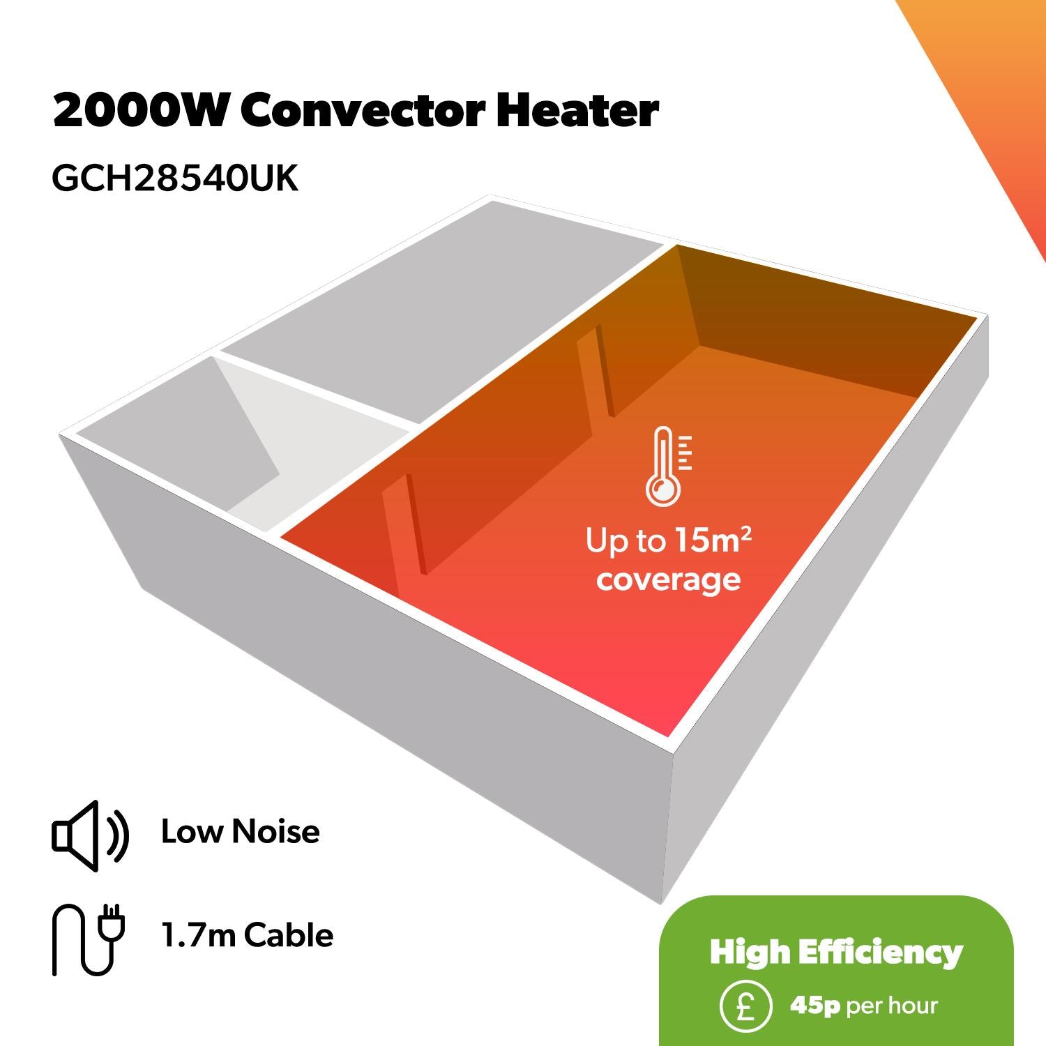 2000W Black Freestanding Convector Heater With Thermostat