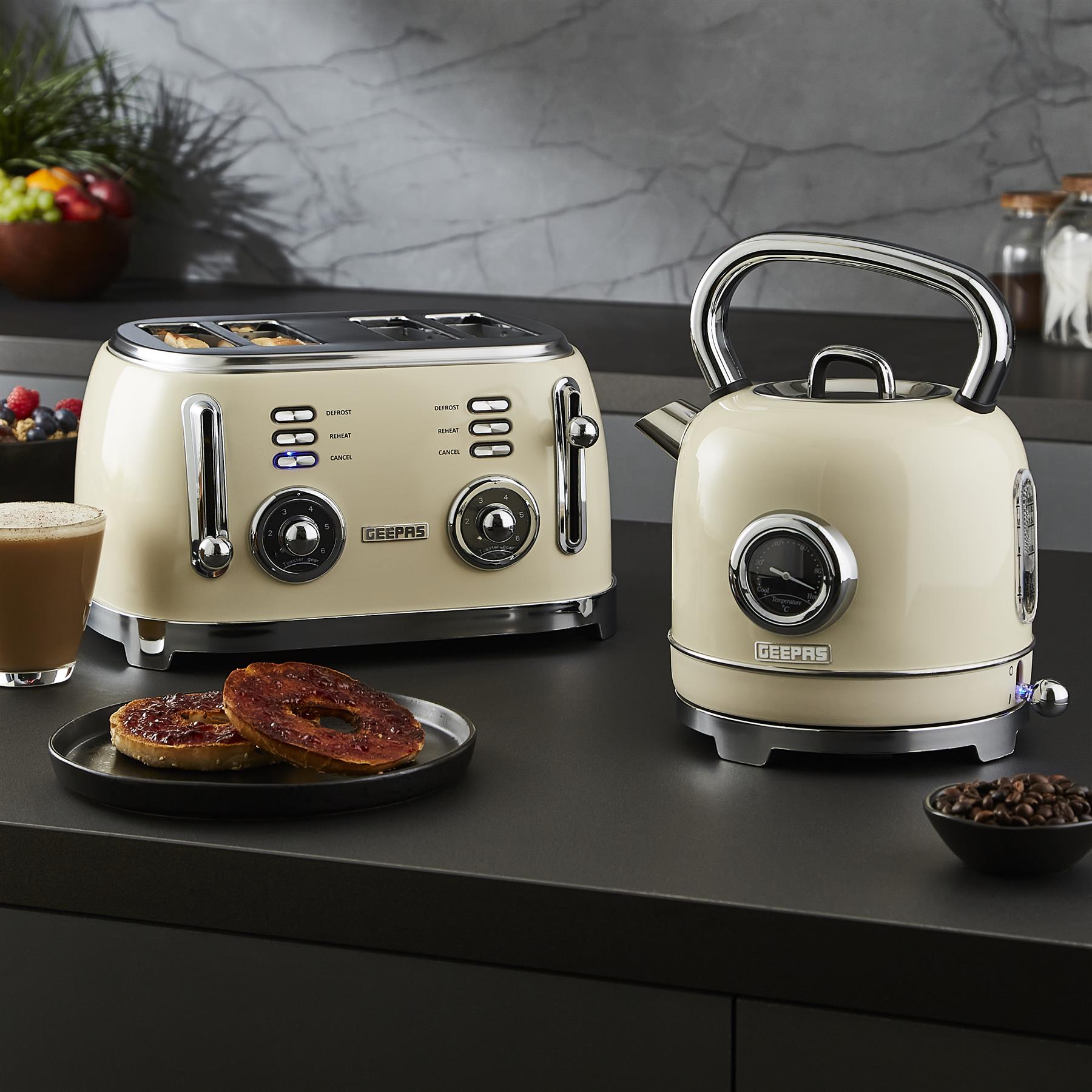 Retrovive Cream 1.8L Kettle, 4-Slice Bread Toaster & 20L Microwave Oven
