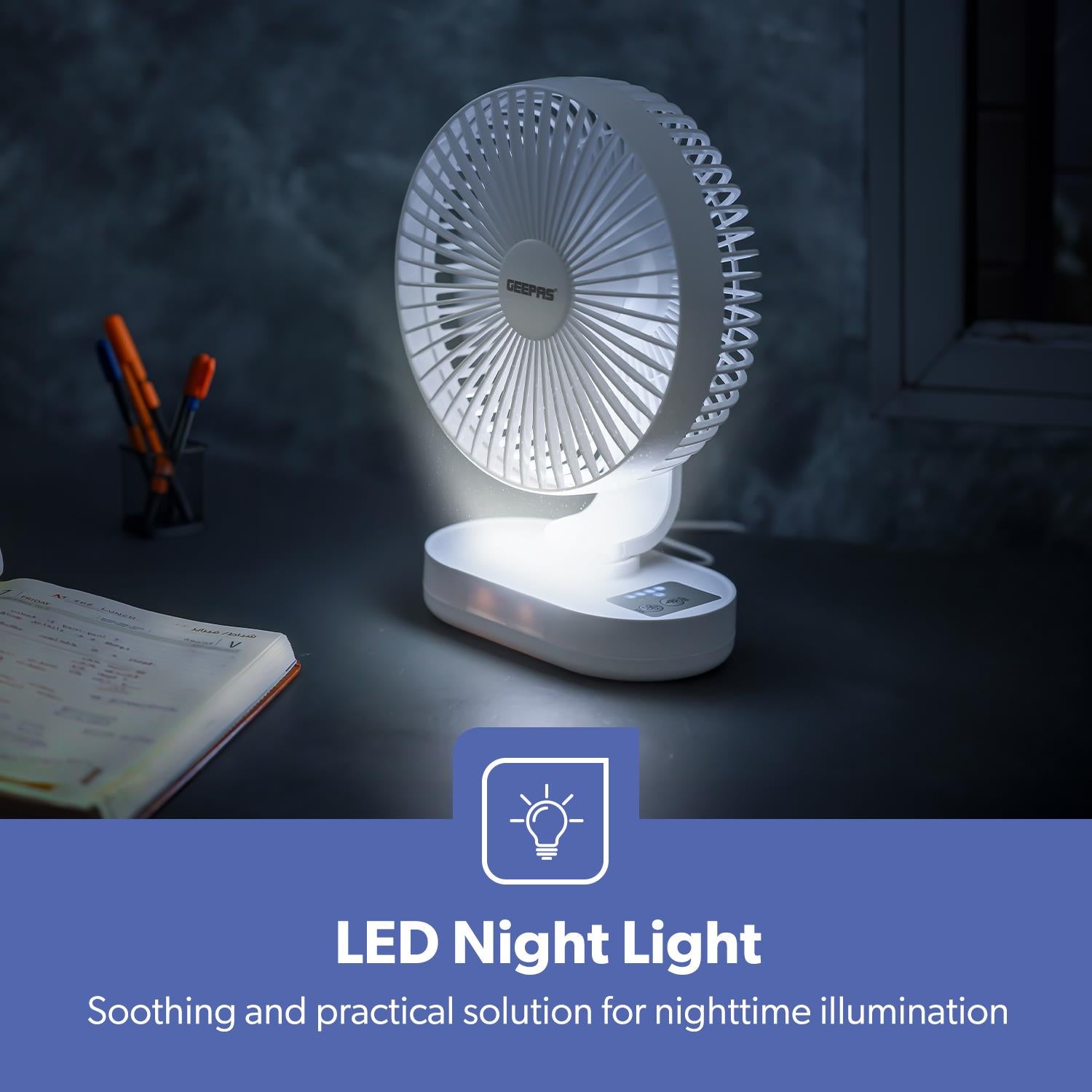 8-Inch Rechargeable AC/DC Portable Desk Fan With Night Light