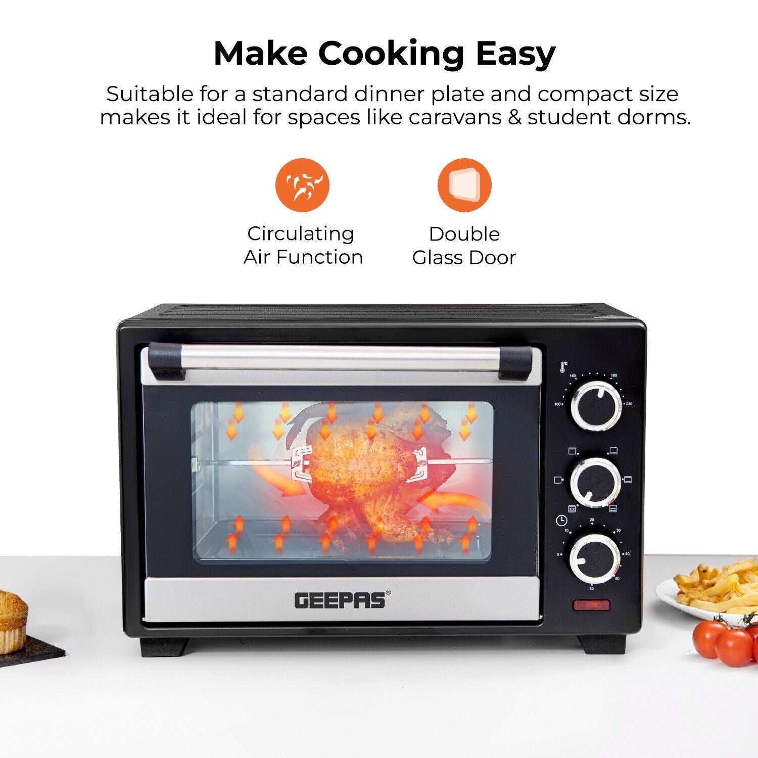 19L Compact Electric Oven With Rotisserie, Bake, Roast & Grill 1280W