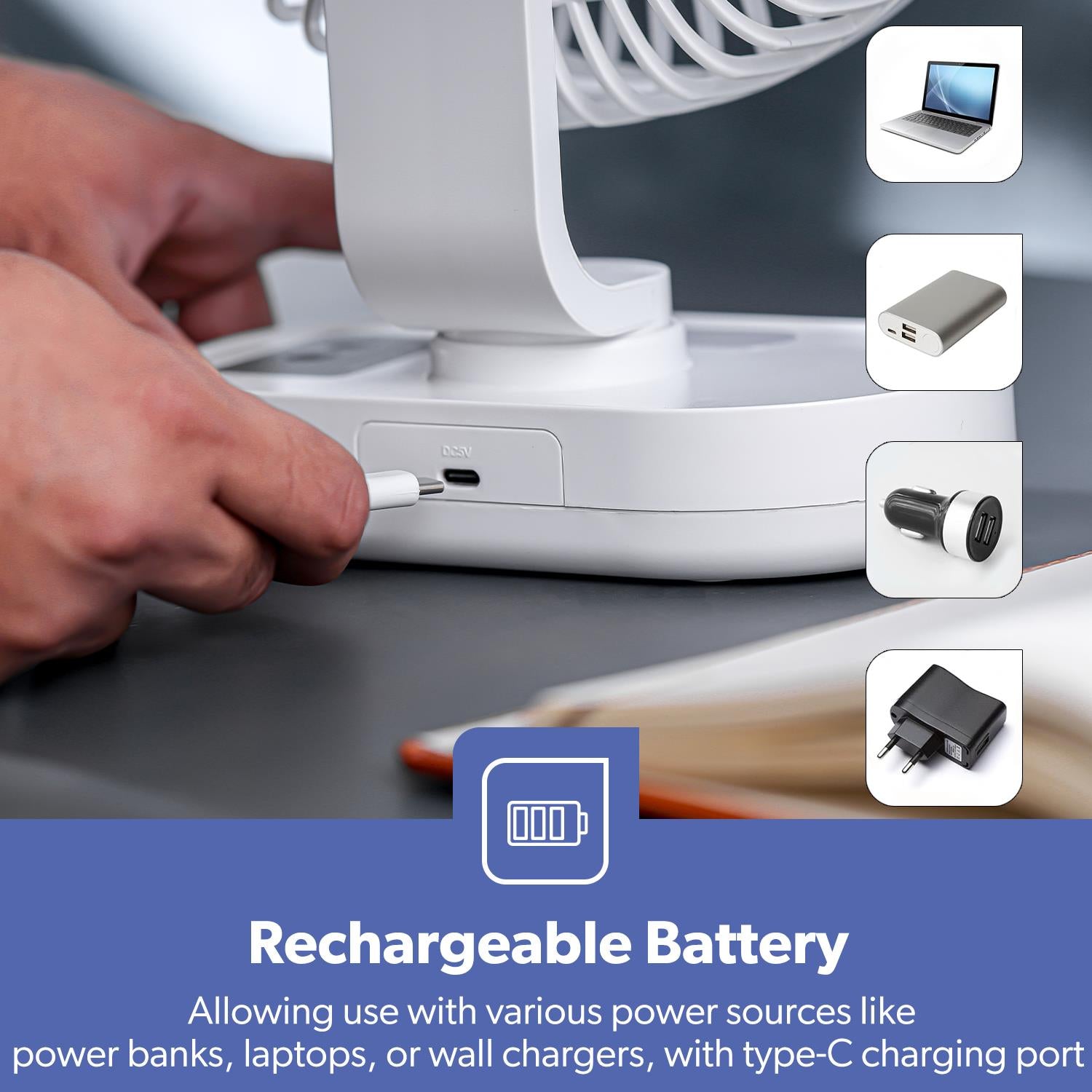 8-Inch Rechargeable AC/DC Portable Desk Fan With Night Light