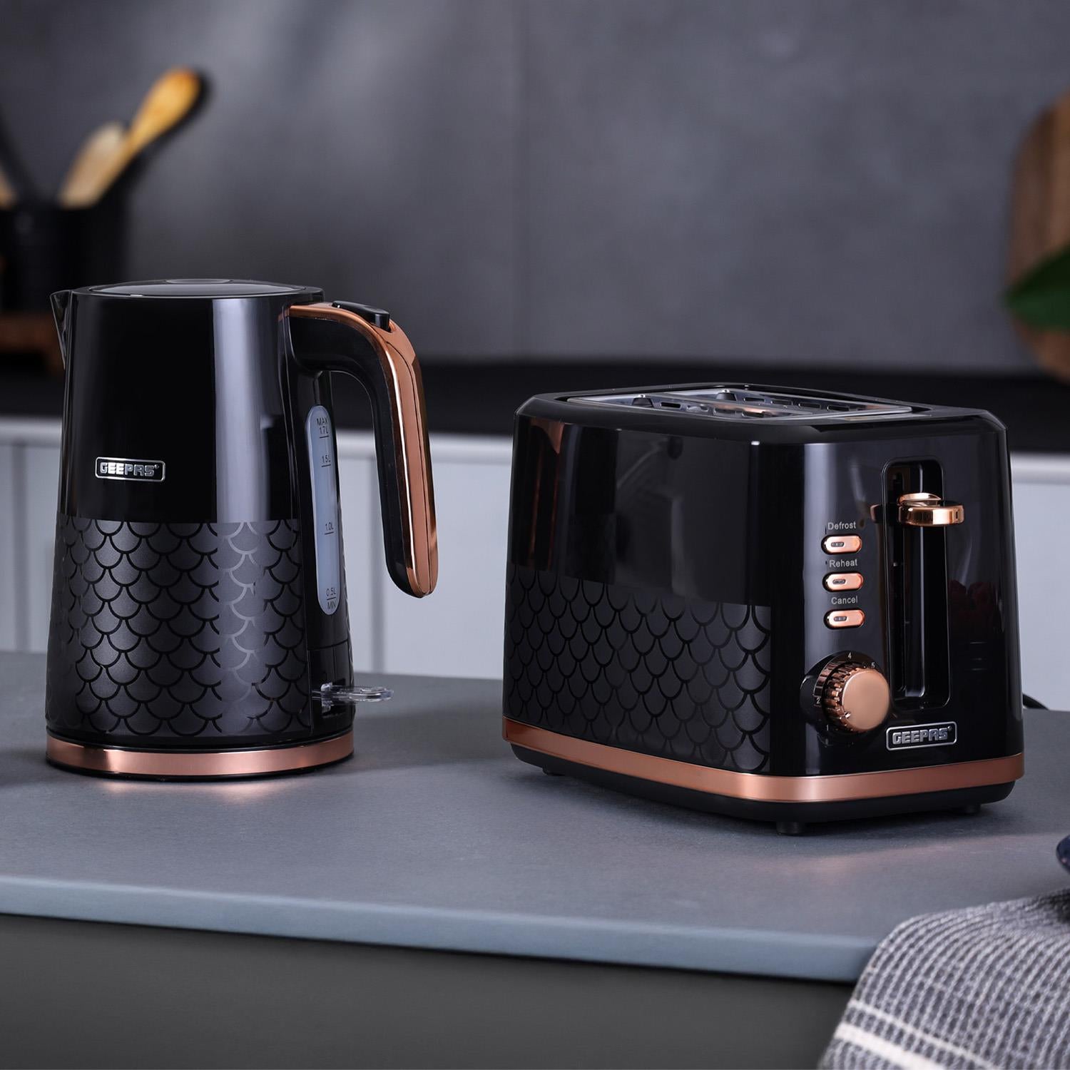 Aurora Black and Rose Gold 3-In-1 Microwave, Kettle & Toaster Set