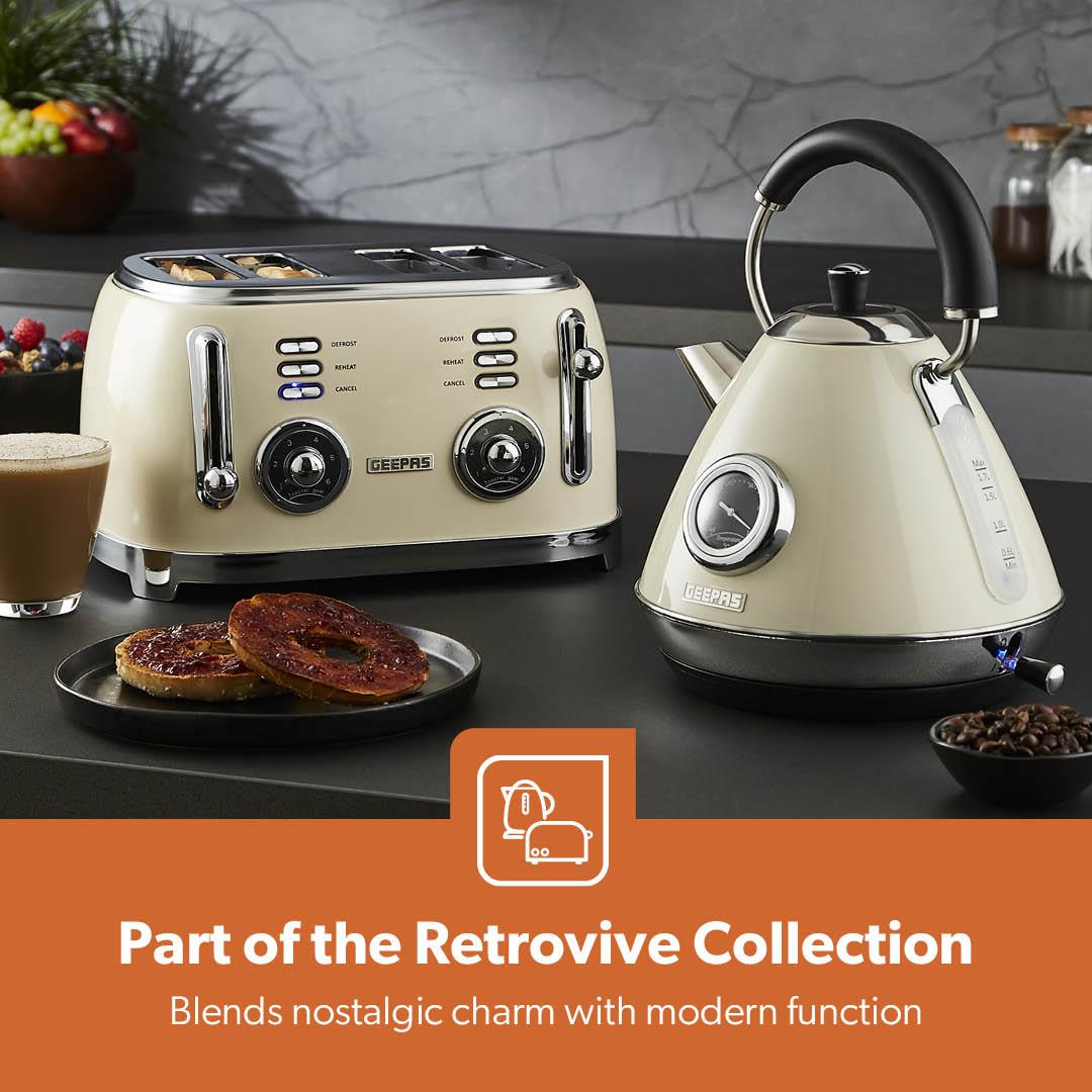 Cream Retrovive Kettle, 4-Slice Toaster, Bread Bin, Canisters, Mug Tree & Tower Pole