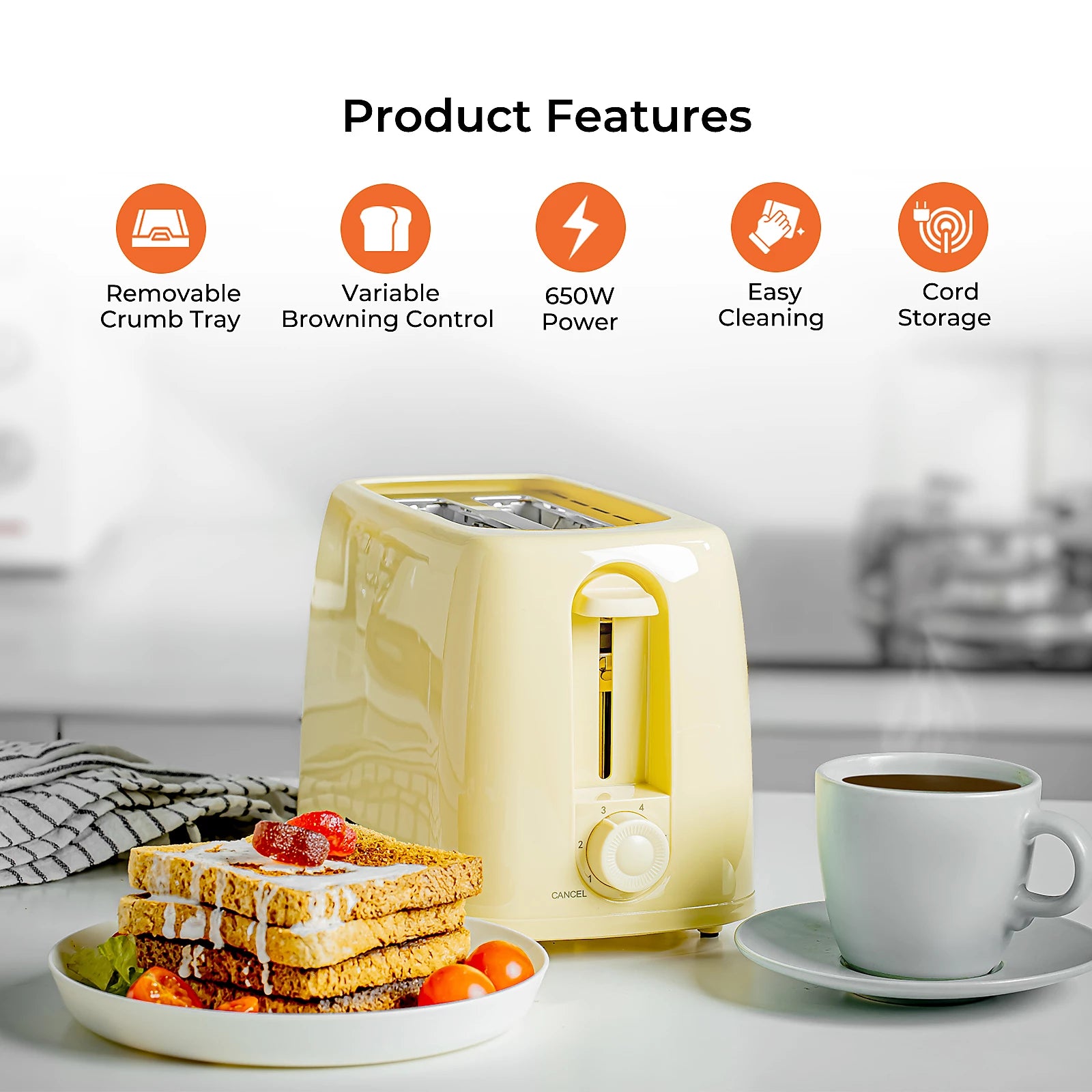 2 Slice Bread Toaster 6 Level Browning Control with Crumb Tray