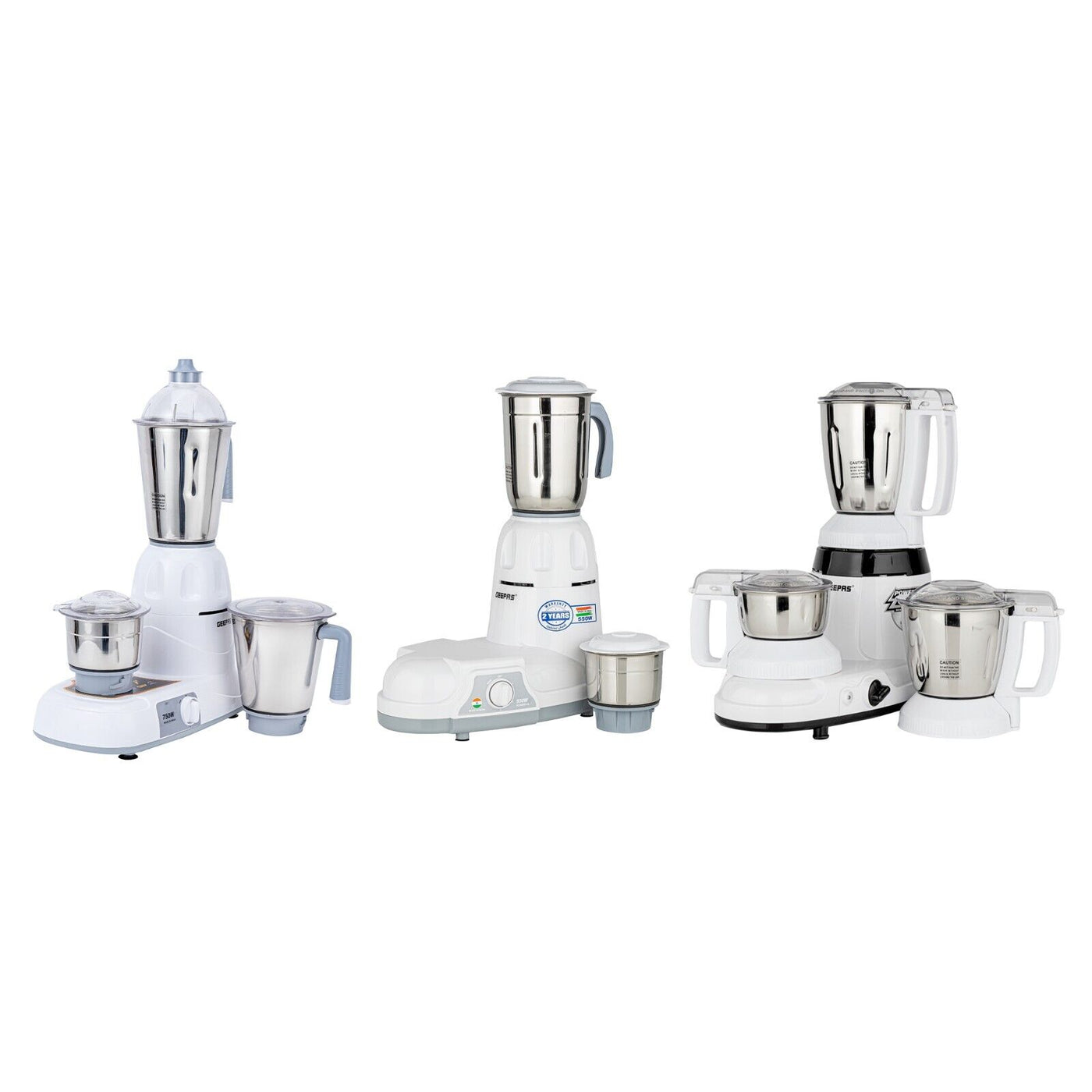 A set of three Geepas mixer grinders with white and silver colors, featuring different sizes of stainless steel jars and three-speed control knobs.