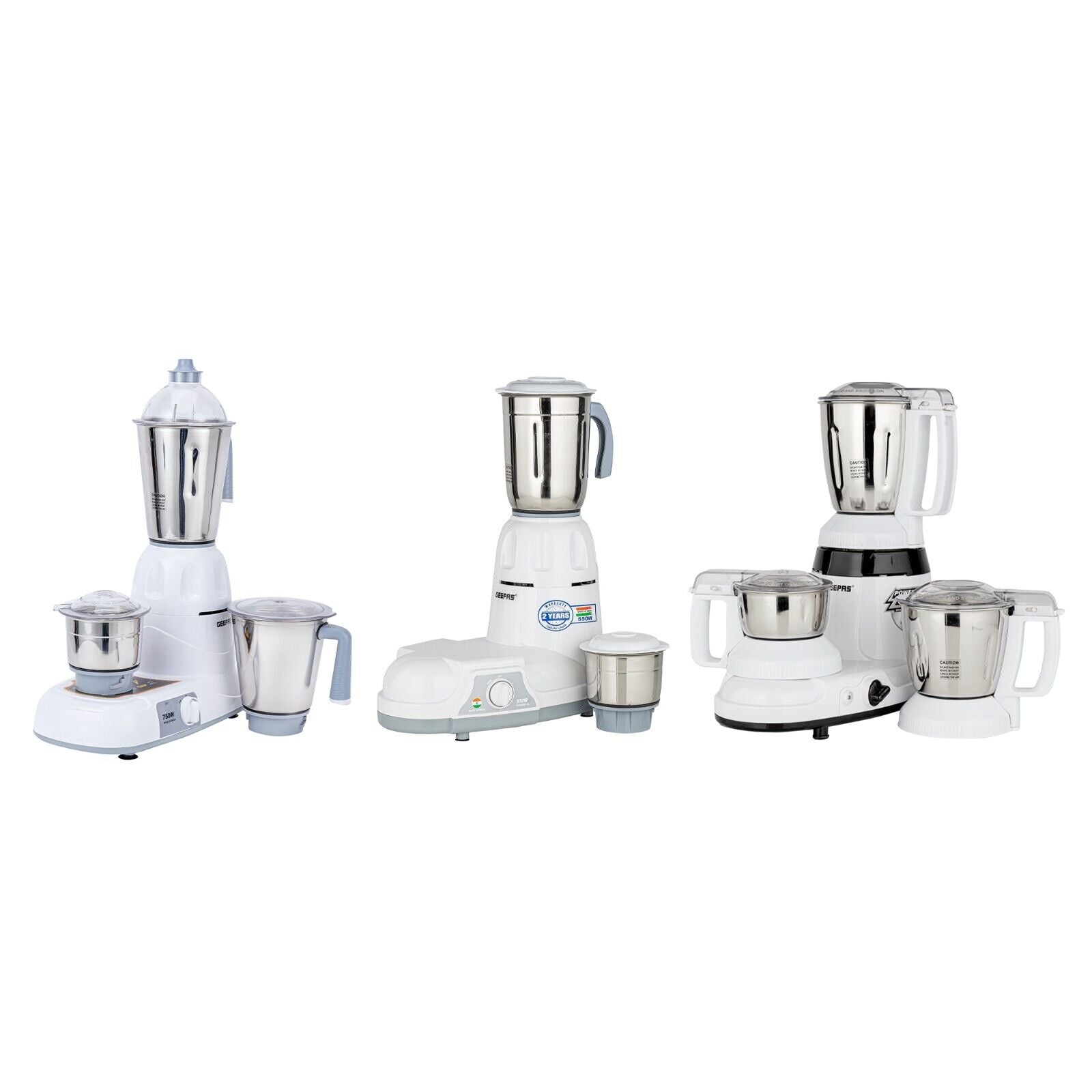 A set of three Geepas mixer grinders with white and silver colors, featuring different sizes of stainless steel jars and three-speed control knobs.