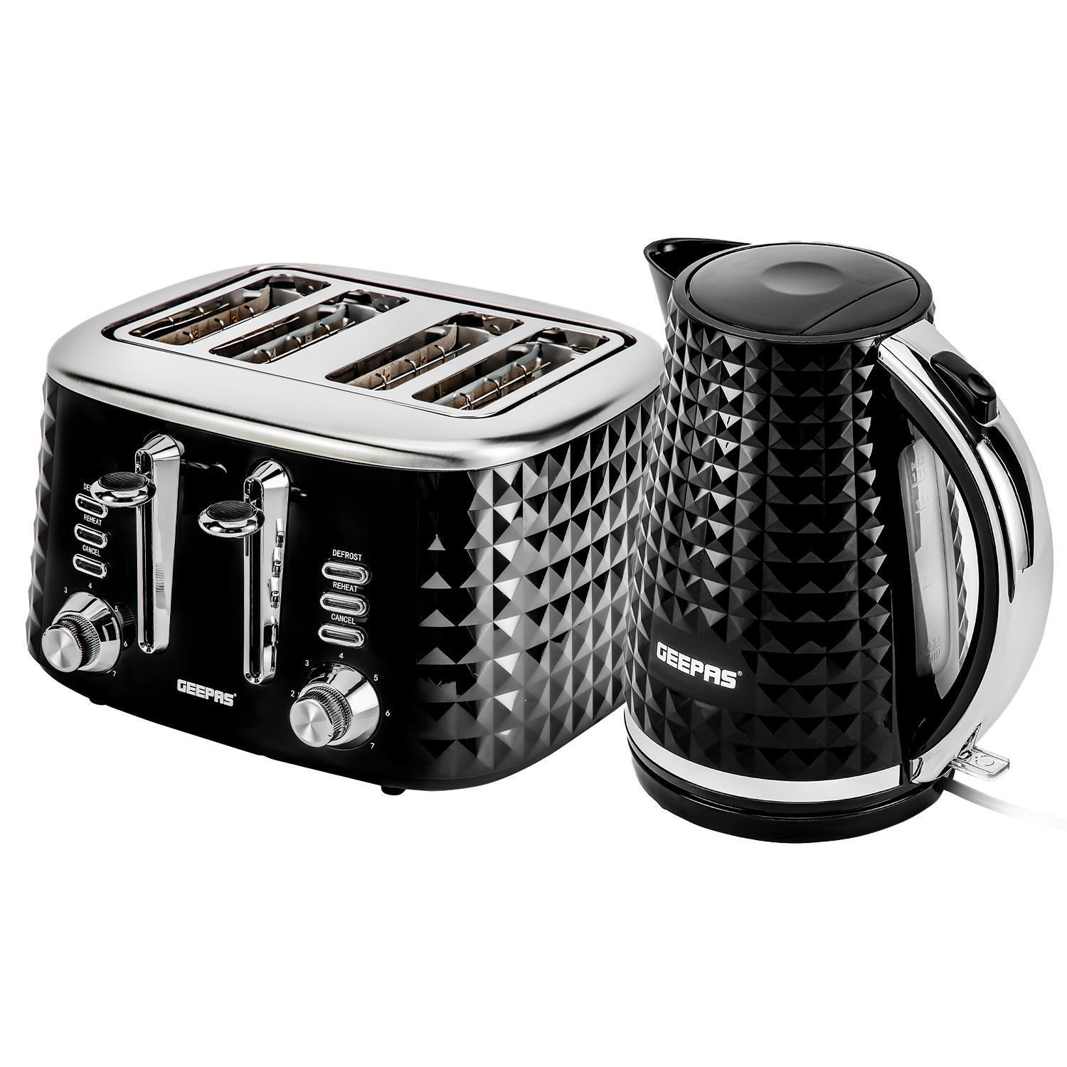 'Diamond' 4 Slice Bread Toaster & 1.7L Cordless Kettle Set Geepas UK