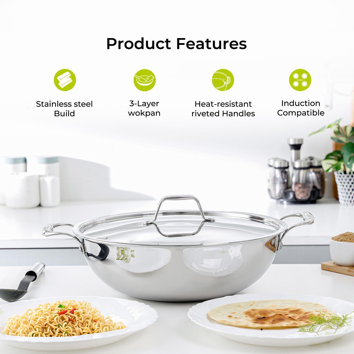 30cm Triply Heavy-Duty Stainless Steel Wok Pan With Lid
