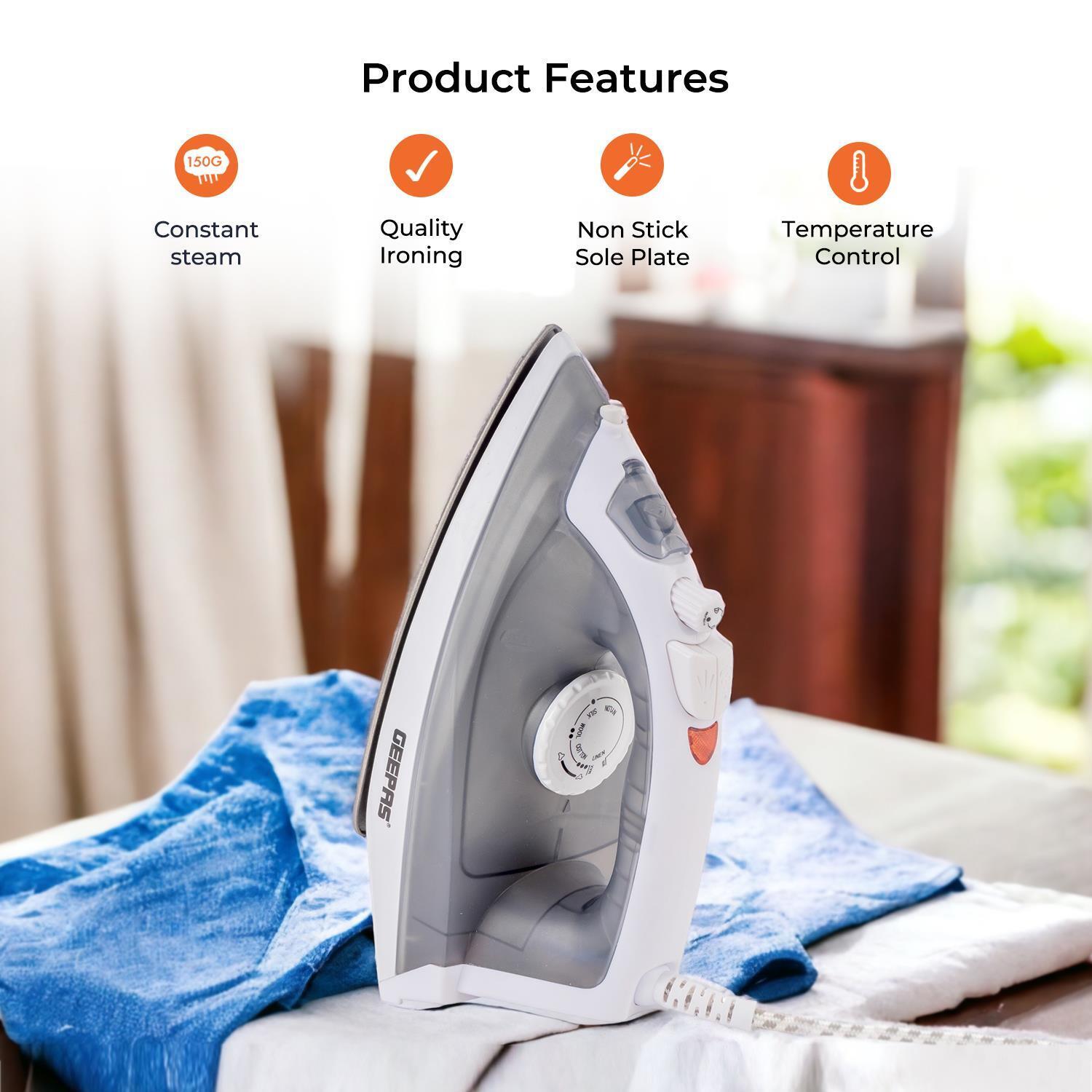 1600W Grey Steam Iron with Non-Stick Soleplate and Adjustable Temperature