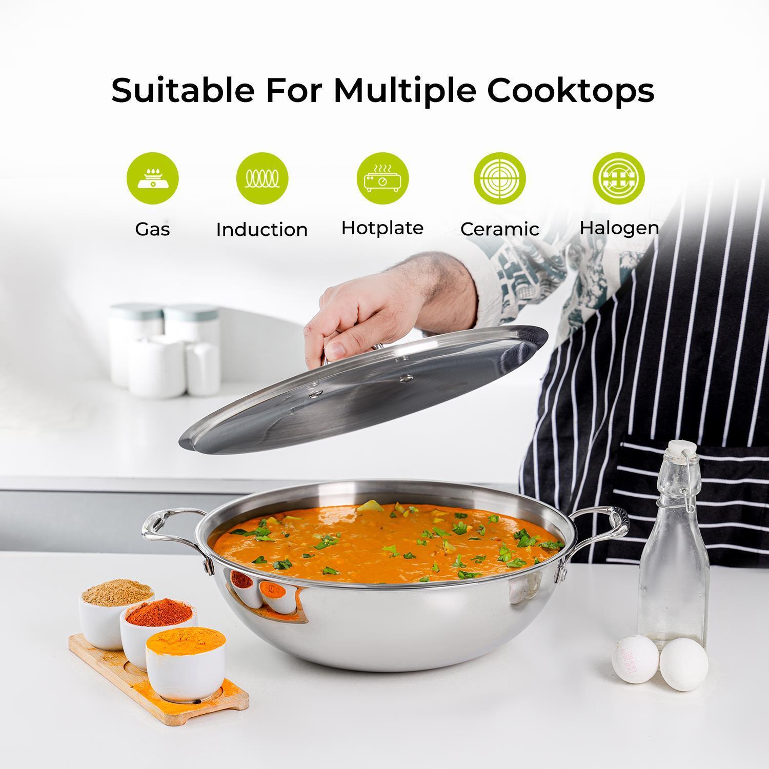 30cm Triply Heavy-Duty Stainless Steel Wok Pan With Lid