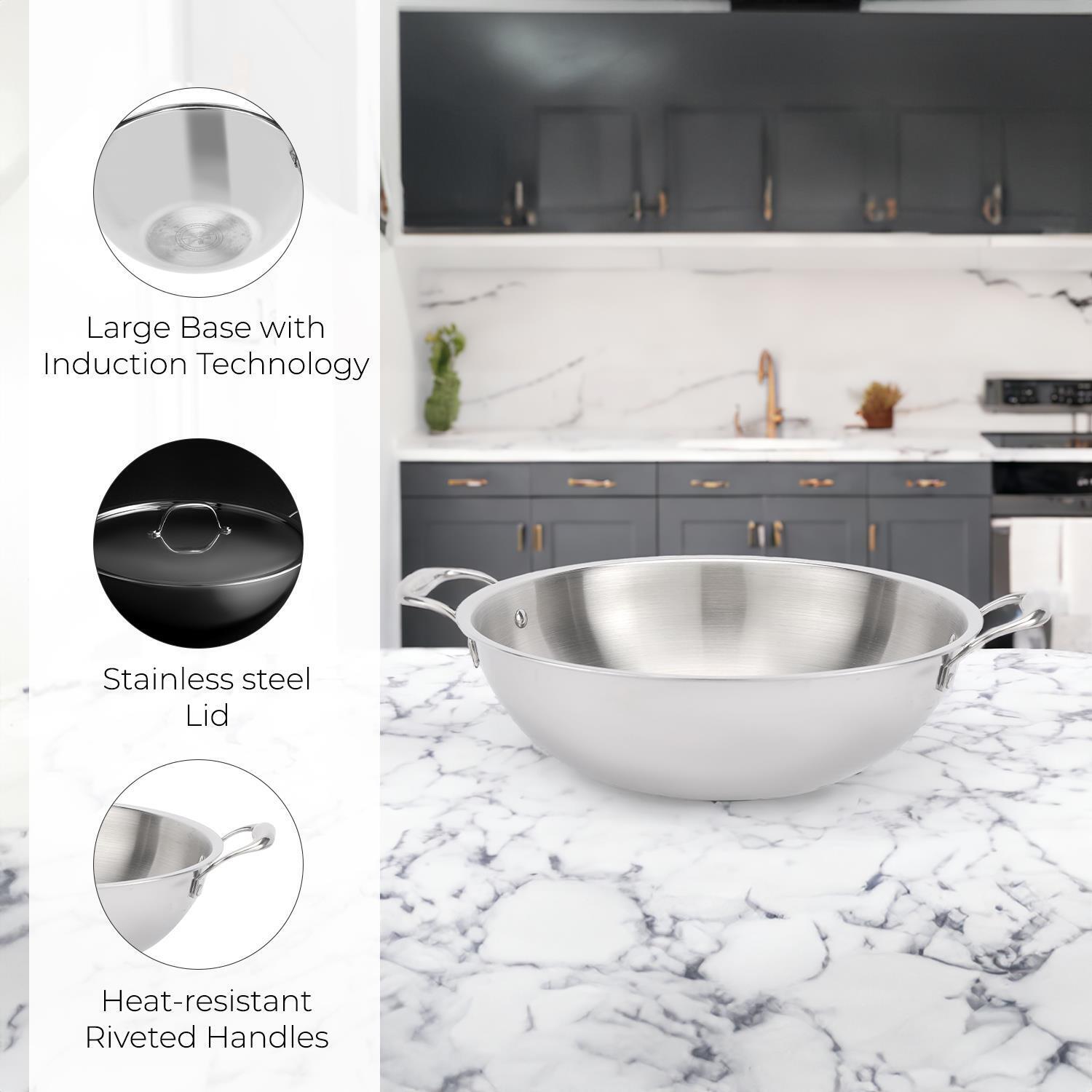 30cm Triply Heavy-Duty Stainless Steel Wok Pan With Lid
