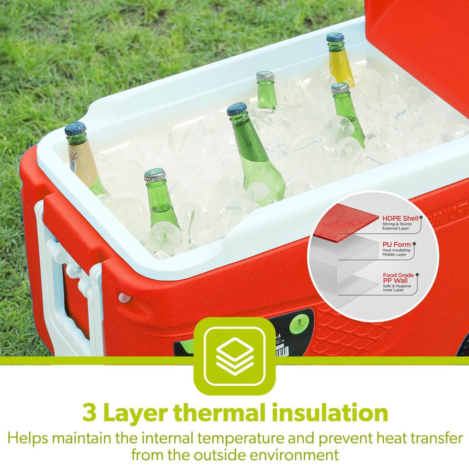 Red 45L Large Insulated Ice Cooler Box With Wheels