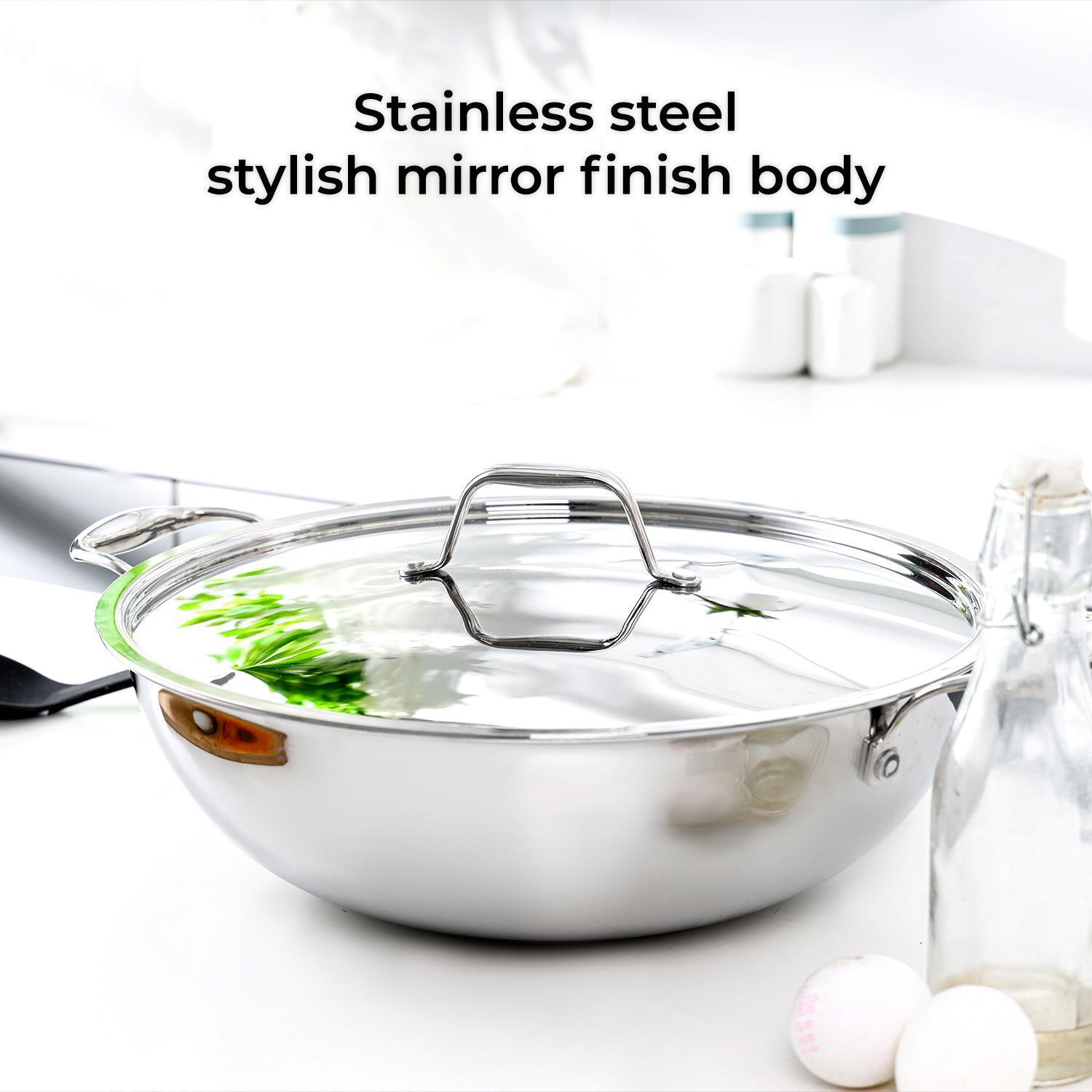 30cm Triply Heavy-Duty Stainless Steel Wok Pan With Lid