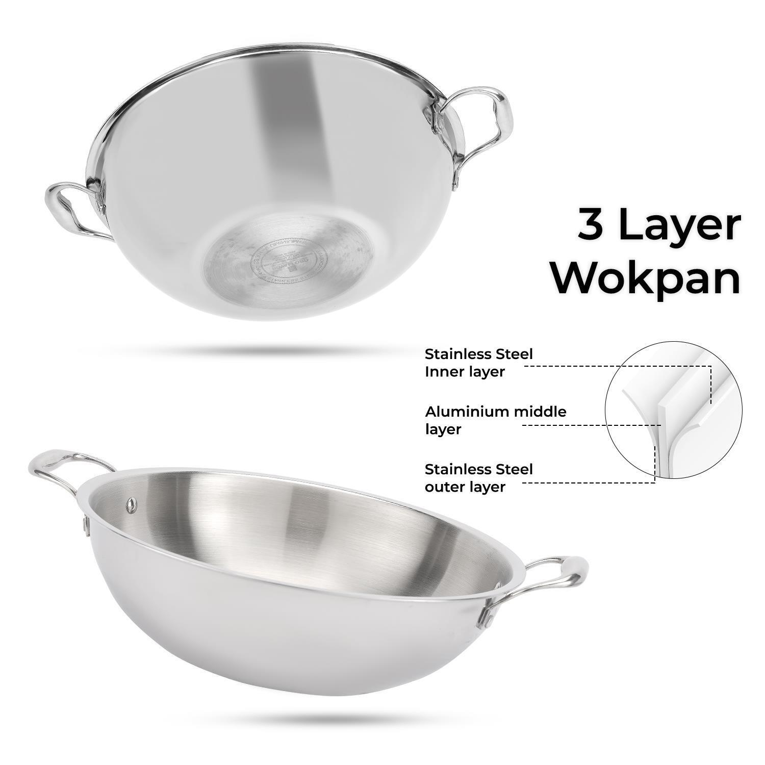 30cm Triply Heavy-Duty Stainless Steel Wok Pan With Lid