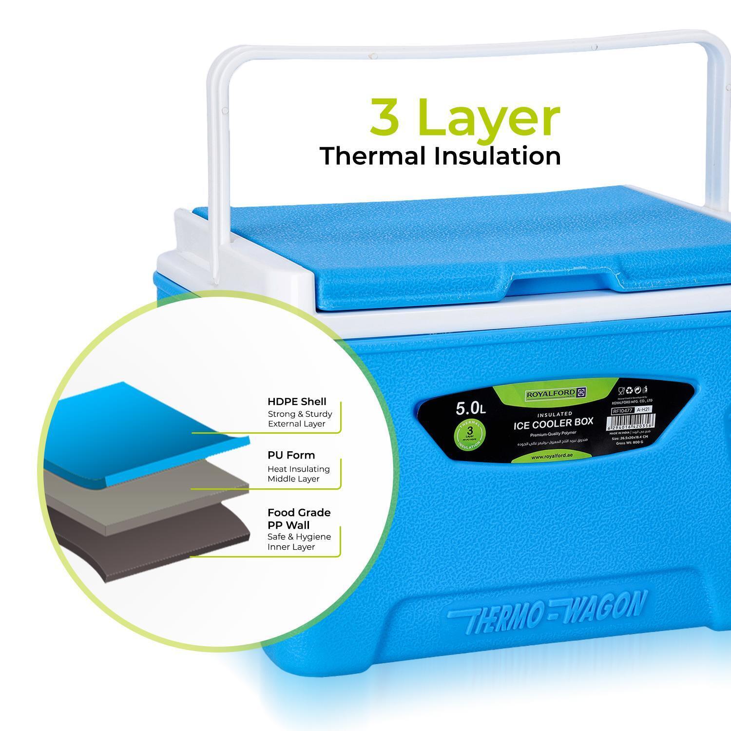 5L Insulated Ice Cooler Box - Blue - Portable, Lightweight