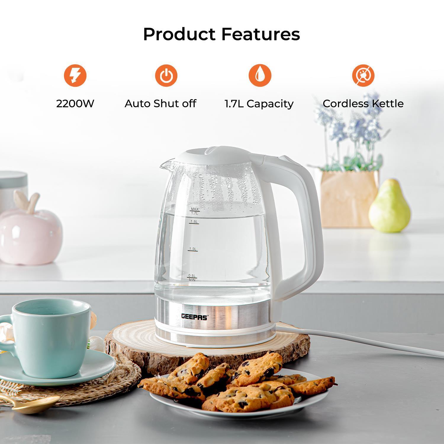 1.8L LED Glass Kettle and 4 Slice Toaster Set In White