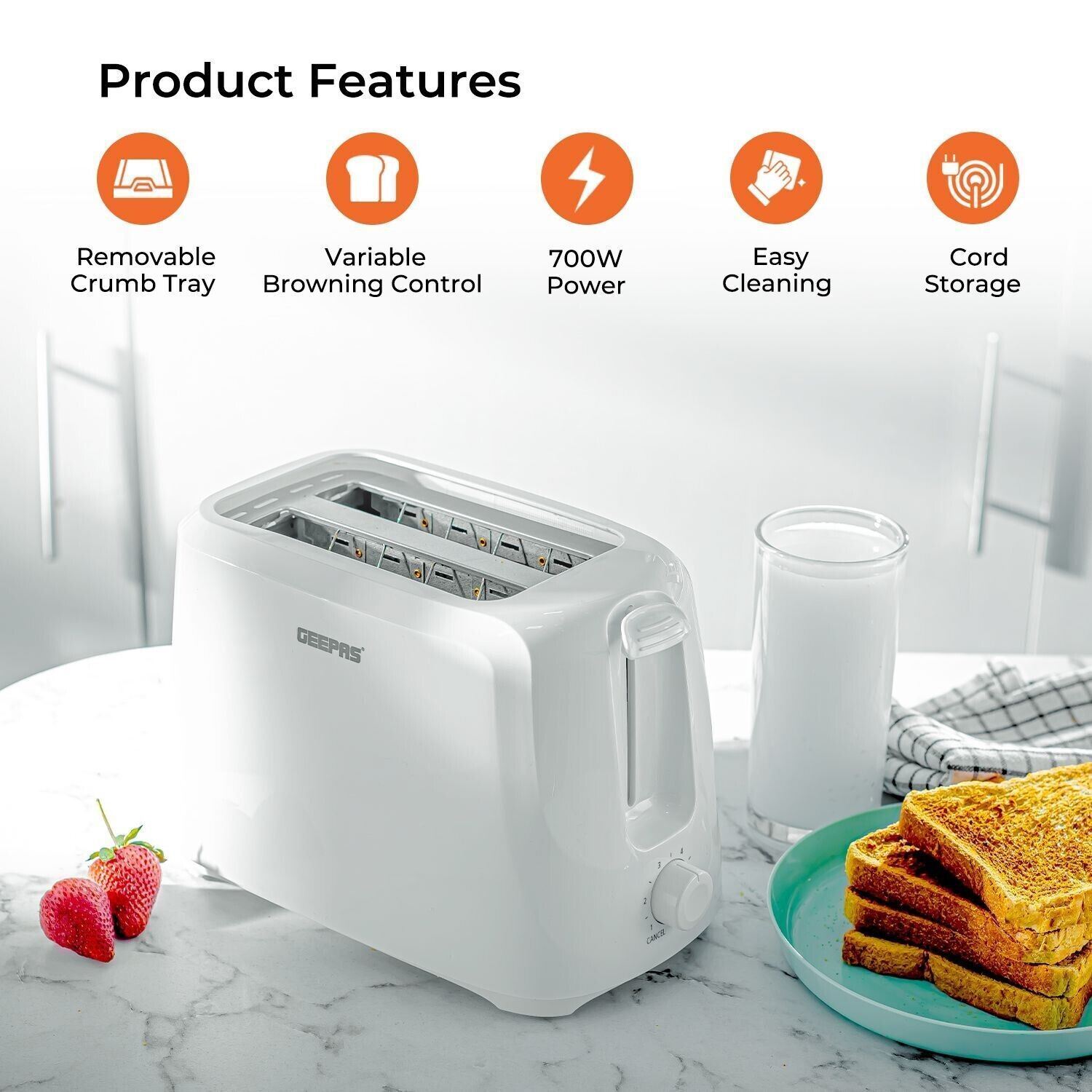 1.8L White Glass Kettle and White Two-Slice Toaster Set