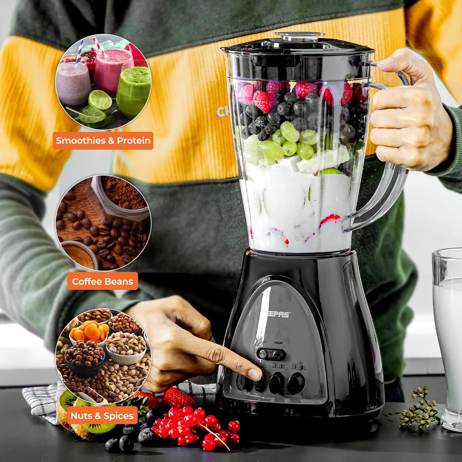 3 in 1 Food Jug Blender with 1.5L Jar, 6 Speed Control with Pulse