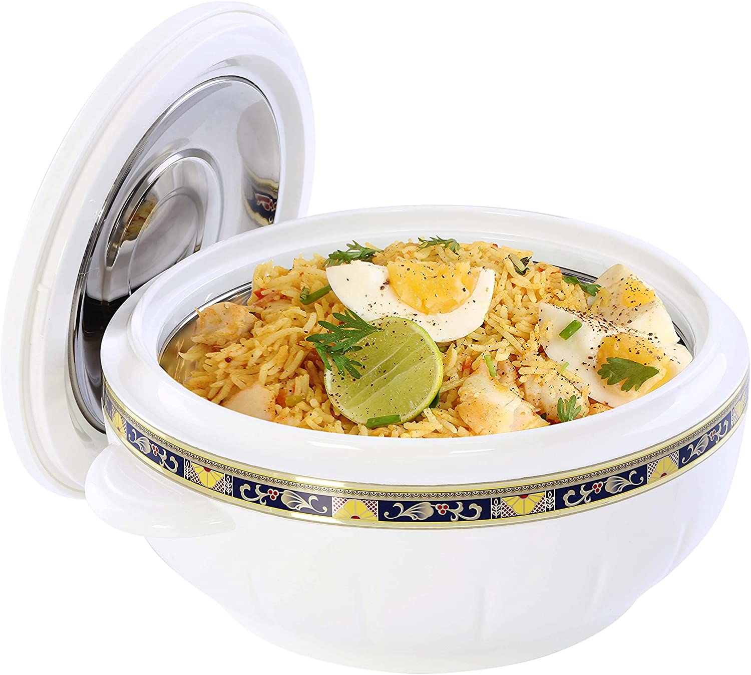 White insulated casserole dish and hot pot with the lid off and rice inside.