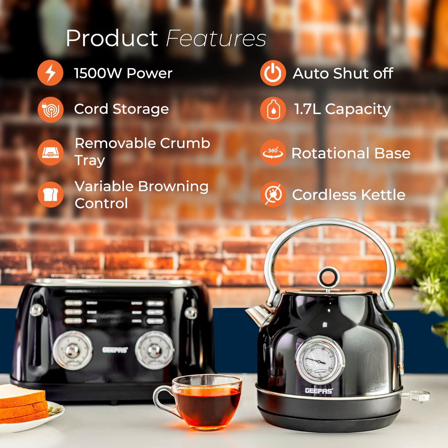 Geepas | For you. For life. Vintage Electric Kettle & 4 Slice Toaster Set Kettle & Toaster Set