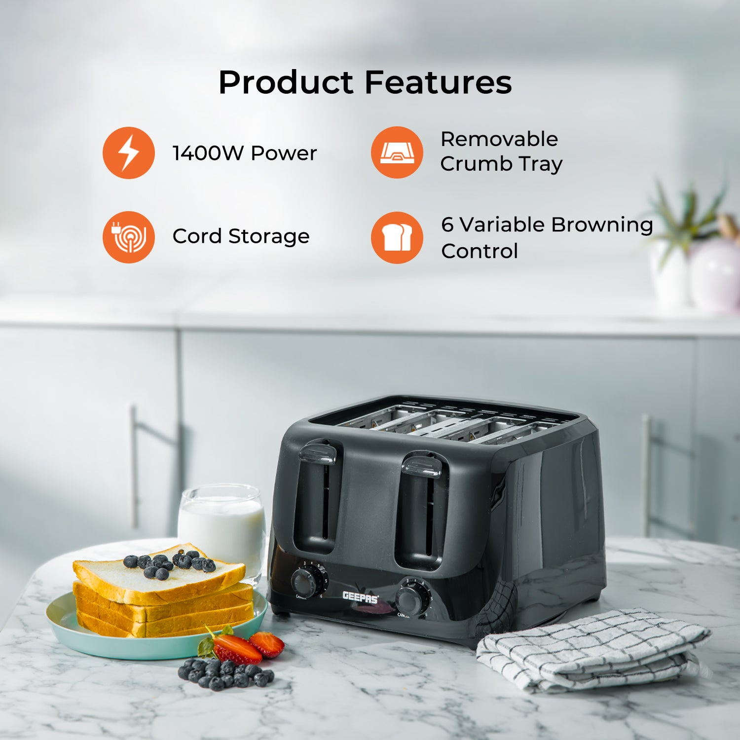 Four-Slice Black Bread Toaster With Browning Control