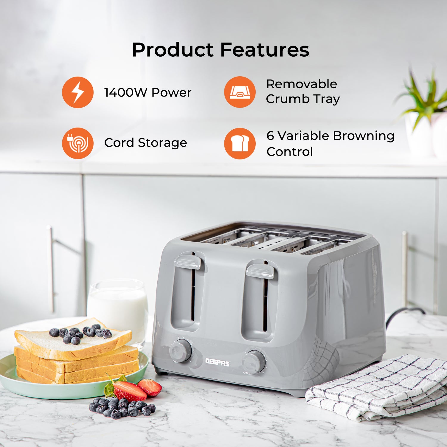 4-Slice Grey Electric Bread Toaster With Browning Control