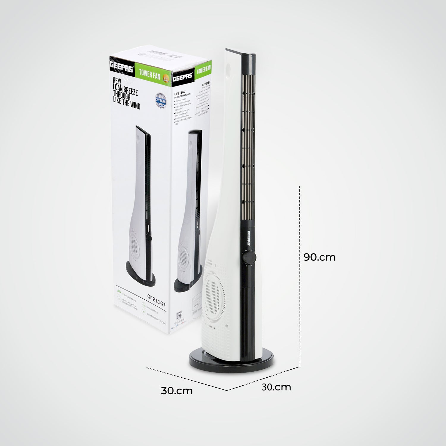 This image shows the precise measurements of the cooling fan, the white fan is placed in front of the box of the fan. The measurements show height of 90cm, length of 30cm and widths of 30cm.